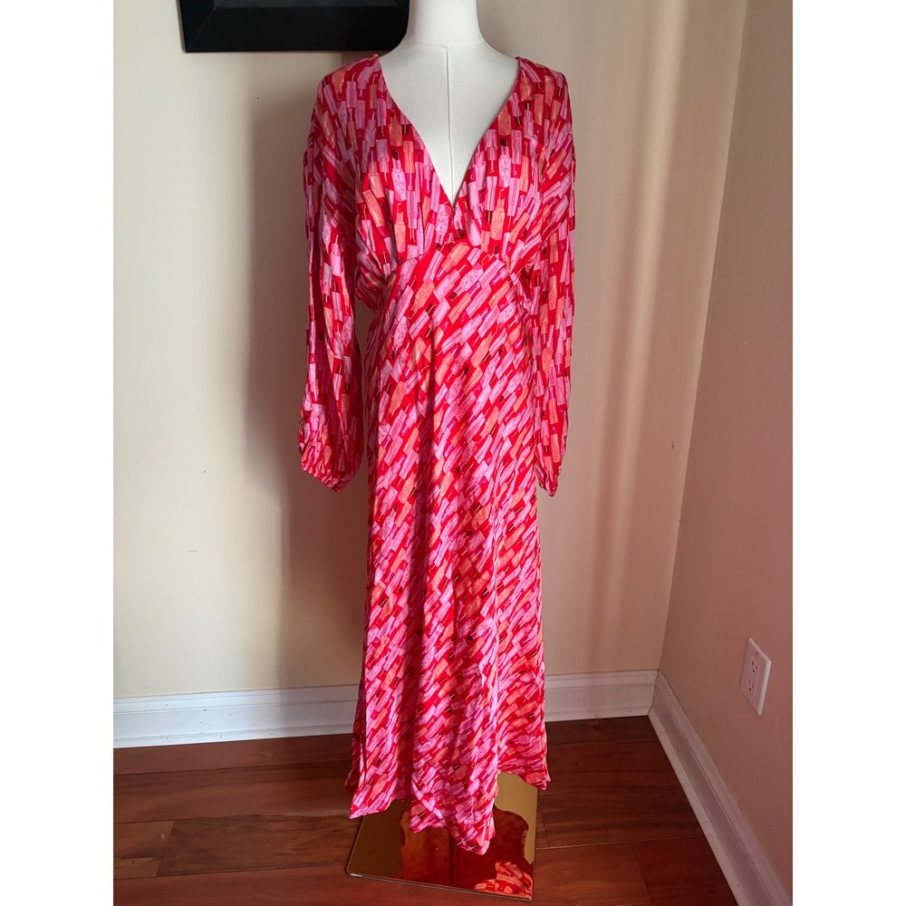 Never Fully Dressed Lipstick Print Emma Maxi Dress Red Pink Long Sleeve US 8 - Picture 2 of 9